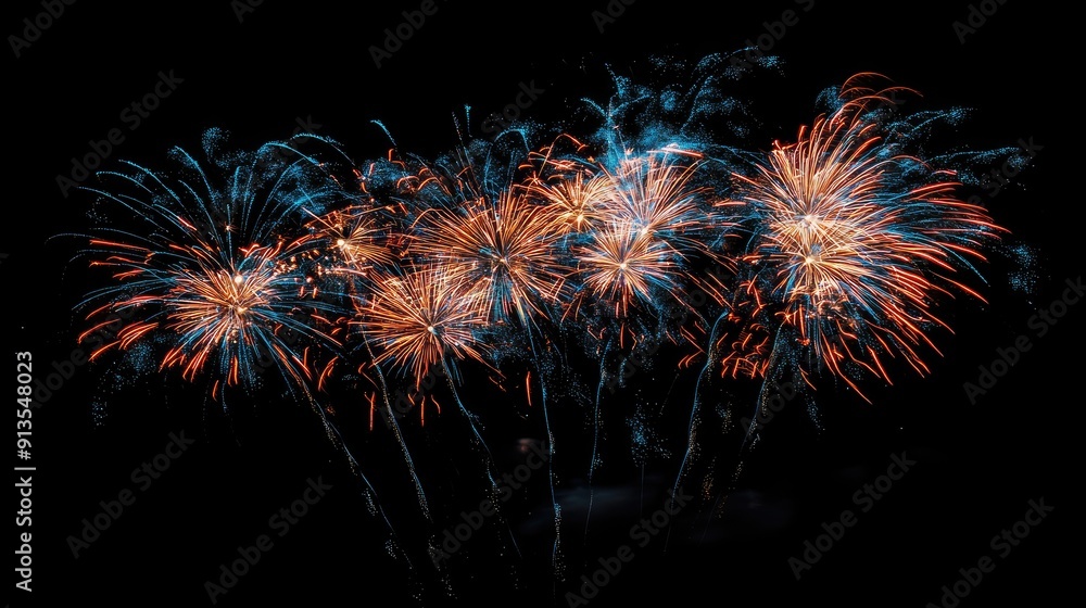 Poster multiple fireworks exploding in the night sky.