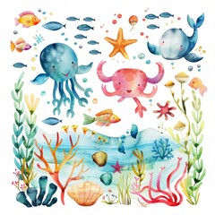 Watercolor painting of a charming underwater scene with smiling sea creatures, on isolated white background