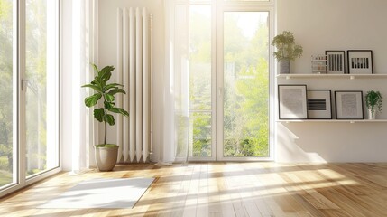 Fototapeta premium Bright Modern Home Interior Featuring White Metal Potted Plant Stands by Window in Natural Light