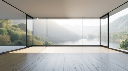 Spacious living room with blurred green mountains in the distance and a river in the foreground. Empty space, no furniture, wooden floor.