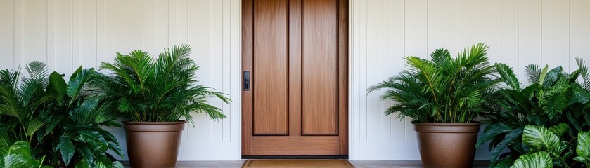 A welcoming entrance with a wooden door framed by vibrant green plants, perfect for adding charm to any home.