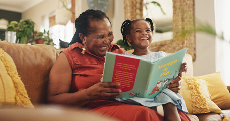 Grandmother, child and laugh with book for education or smile, learning literature and fantasy...