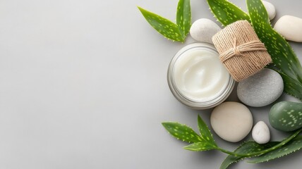 Spa treatment setup with aloe vera gel in jar with raffia bow, stones, and leaves.