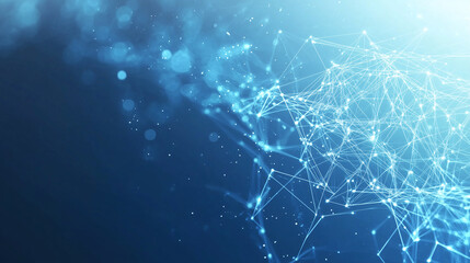 abstract background featuring a gradient of blue hues. The design is composed of interconnected white lines and nodes, forming a geometric network pattern