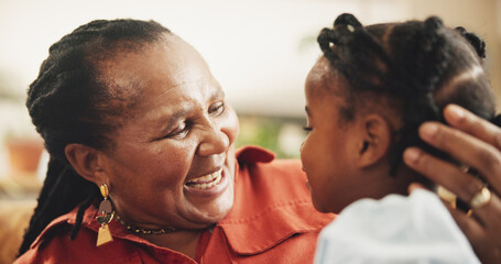 Happy, senior and black woman with child at house for family bonding, affection and connection of...