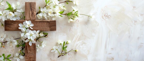 Wooden cross with white flowers on a light background, symbolizing peace