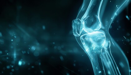 Xray of a knee joint with glowing effects, medical and futuristic, dark background