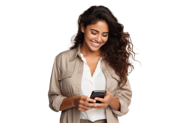 Smiling Latin woman using mobile phone isolated on transparent background