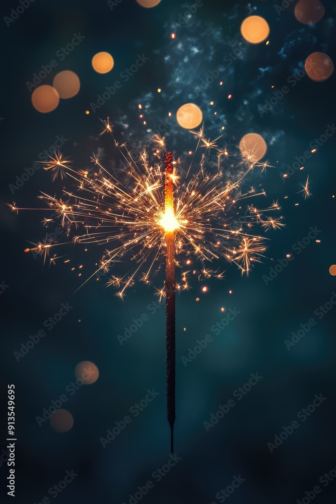 Poster a single burning sparkler with a blurry background of golden bokeh lights.