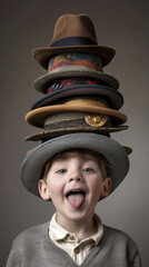 A joyful boy with a playful stack of hats on his head, sticking his tongue out, embodying the carefree spirit of childhood.