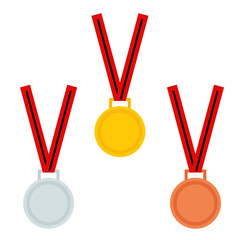 Gold, silver and bronze medals with red ribbons to be worn around the neck of winners in contests or championships