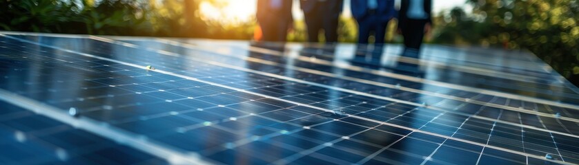 Close-up of Solar Panels with Business People in the Background Discussing Renewable Energy Solutions