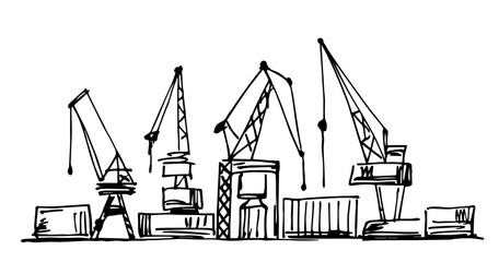 Obraz premium Seaport, cranes, delivery and shipment of goods, cargo transportation, shipping. Simple vector ink sketch.