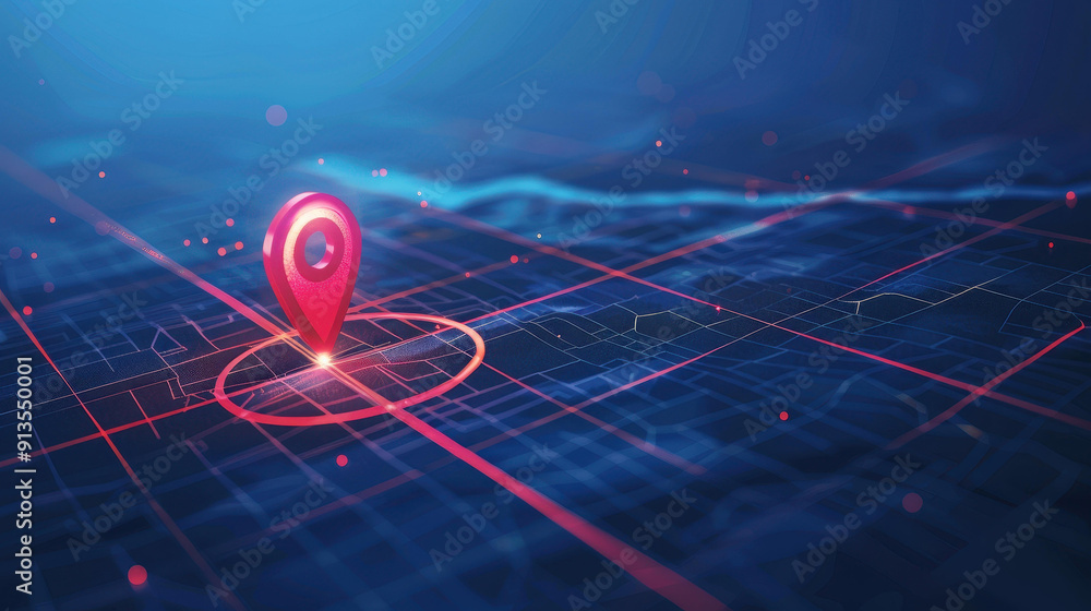 Poster a digital map features a glowing red pin on a dark blue grid, showcasing precise navigation and loca