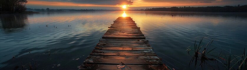 Fototapeta premium Stunning Sunset Over Serene Lake with Wooden Pier Leading into the Horizon
