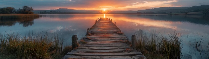 Obraz premium Serene Sunrise Over Tranquil Lake with Wooden Pier and Reflective Water Surface