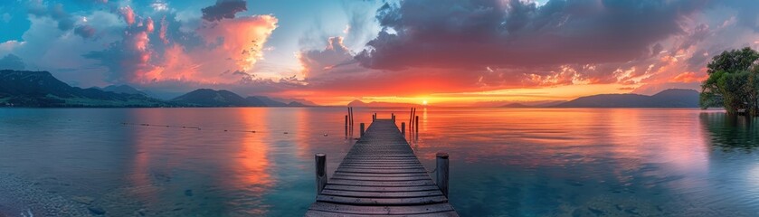 Fototapeta premium Stunning Sunset Over Serene Lake with Wooden Pier and Dramatic Clouds in the Sky