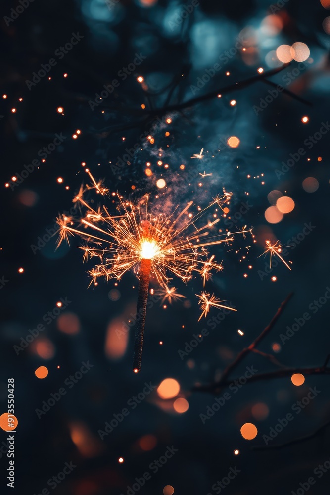 Poster a single sparkler burns brightly against a dark background, creating a shower of sparks and a bokeh 