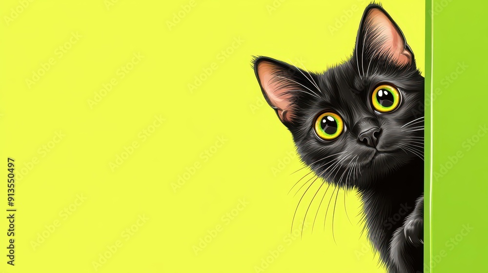 Poster a whimsical black cat playfully peeks from behind a bright green block, adding charm to any space wi