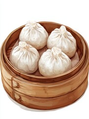 Four Steamed Buns in a Bamboo Steamer