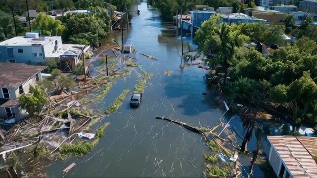 Aerial view of flooded neighborhood submerged in water after natural disaster