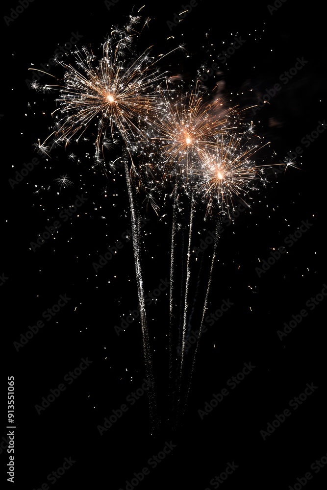 Poster three fireworks bursting in the night sky, creating a beautiful display of light and color.