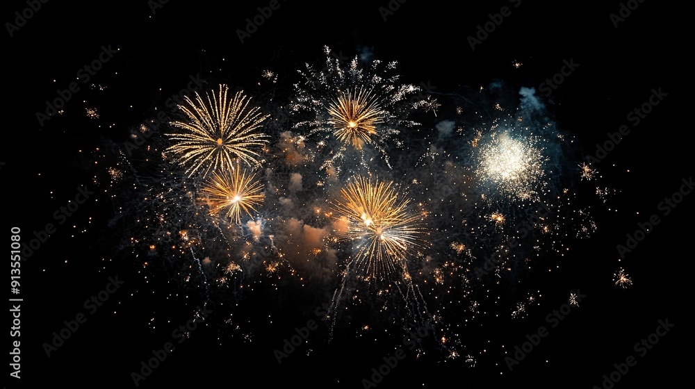 Poster a display of fireworks explodes in the night sky.