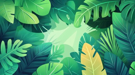 Fototapeta premium Vibrant green leaves create a serene rainforest backdrop, perfect for a modern art piece that embodies growth and summer vibes.