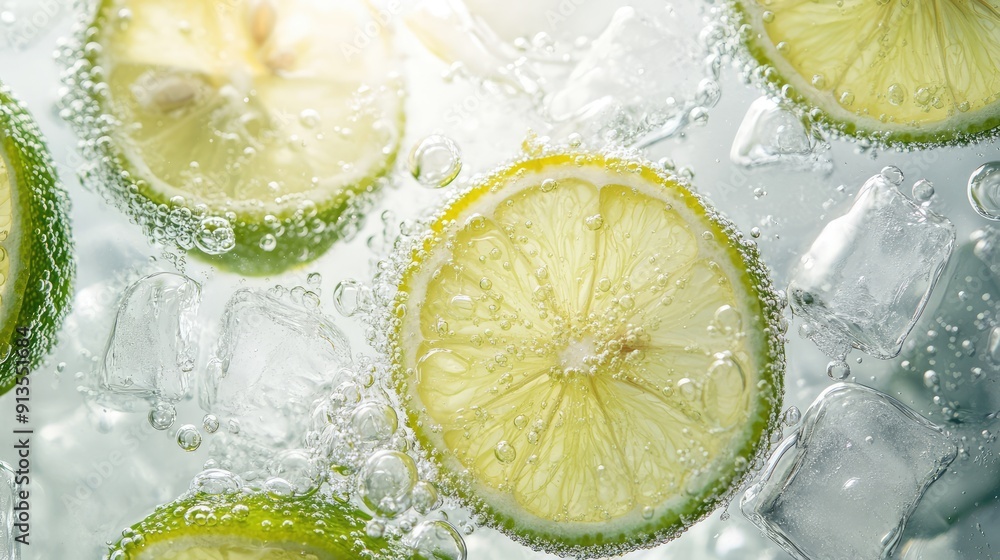 Poster slices of lime and ice cubes in sparkling water.