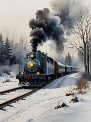 Obraz premium Winter Train Watercolor Landscape Nature Art