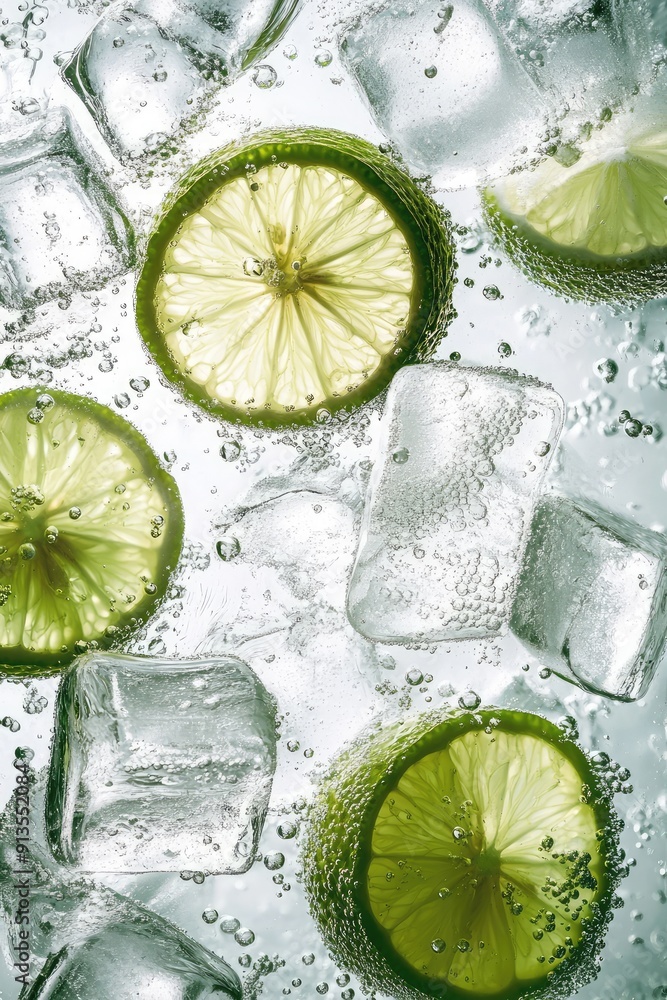 Poster close-up of lime slices in ice water with bubbles.