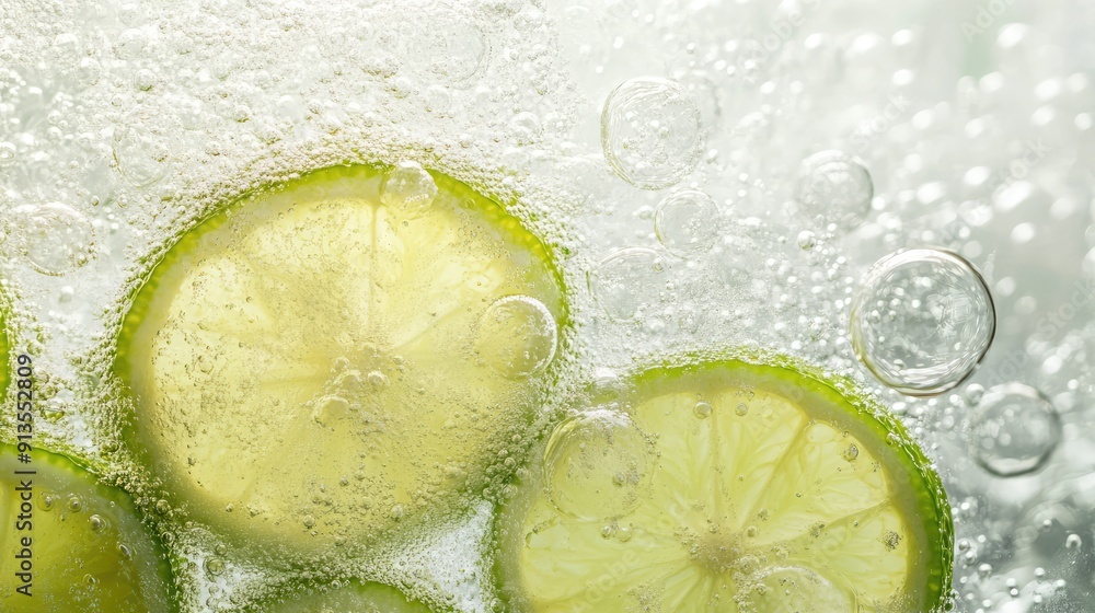 Poster close-up of lime slices submerged in sparkling water with bubbles.