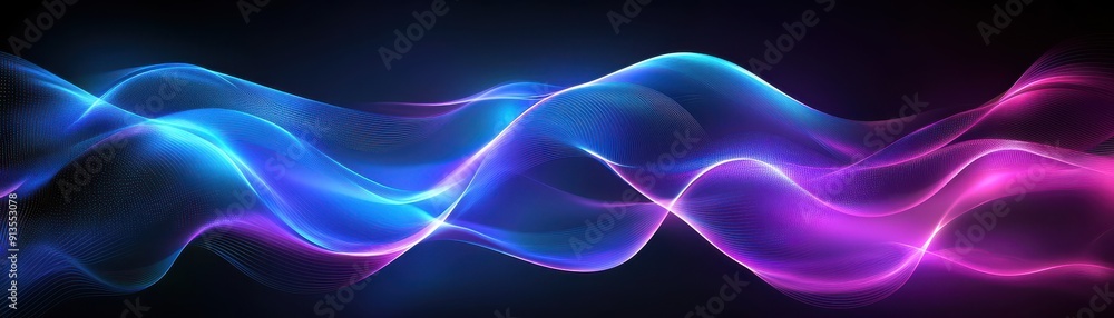 Poster dynamic visual of colorful waves in blue and pink tones, creating a modern and vibrant background su