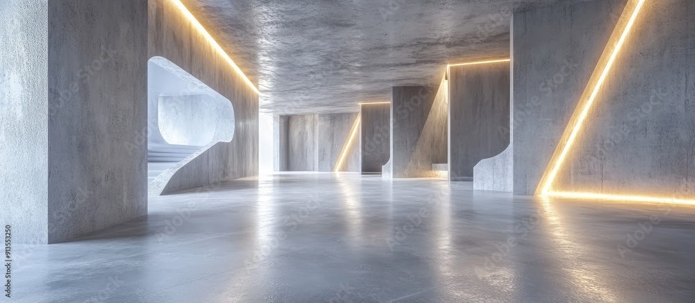 Poster futuristic abstract interior space with sci fi corridor and illuminated features modern cement floor