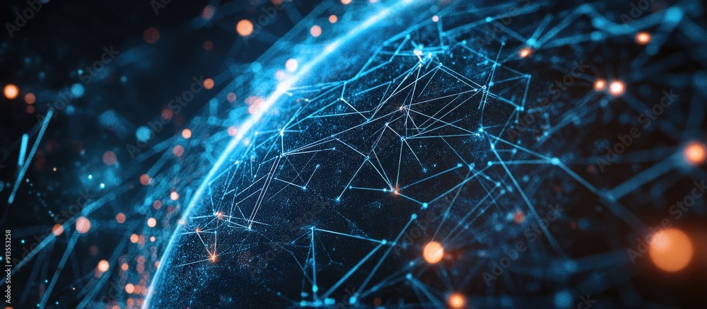 Poster digital data and graphs overlaying an image of earth featuring a network of interconnected lines and