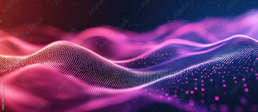 Aufkleber Dynamic wave of particles with abstract gradient hologram Background of digital technology and music