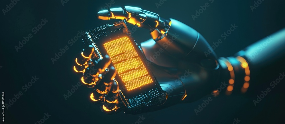 Poster futuristic humanoid robot hand displaying a glowing ai processor on a dark background advanced metal