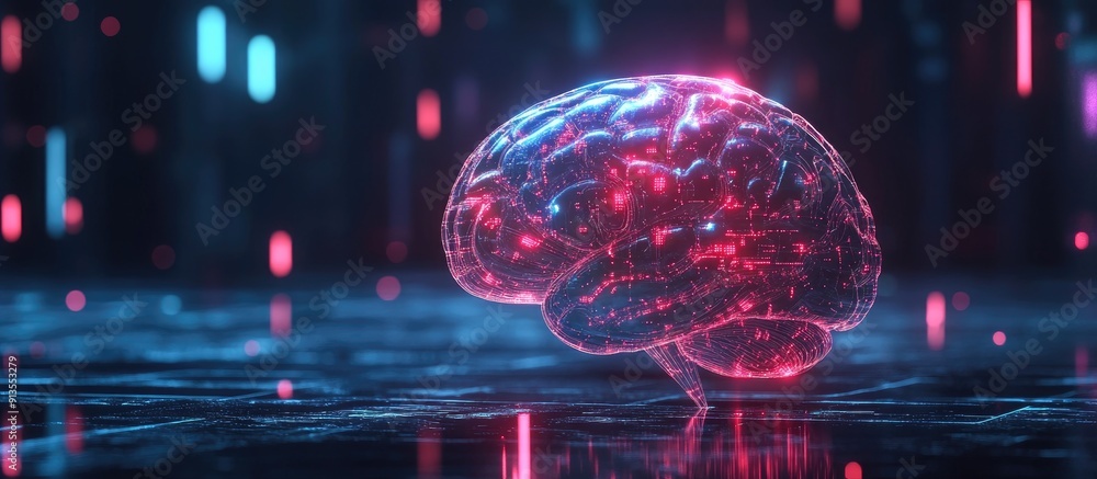 Poster holographic digital brain with ai deep learning and business technology concepts 3d illustration