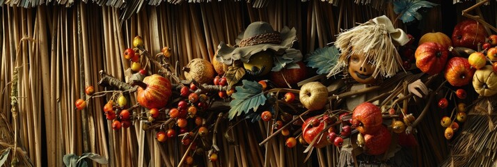Naklejka premium Scarecrow and Artificial Fruits on a Thatched Roof