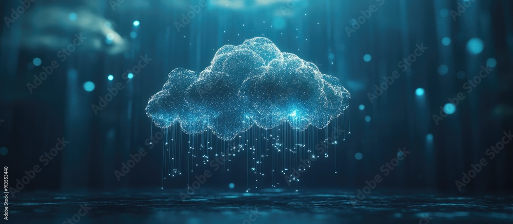 Aufkleber stylized cloud featuring hanging elements and sparkling dots against a dark blue backdrop representi