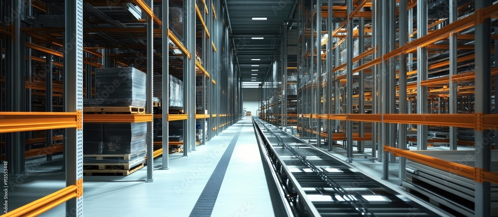 Poster Innovative Warehouse Technologies 3D Visualization of Automated Storage Solutions with Racks and Digital Integration for Efficient Logistics