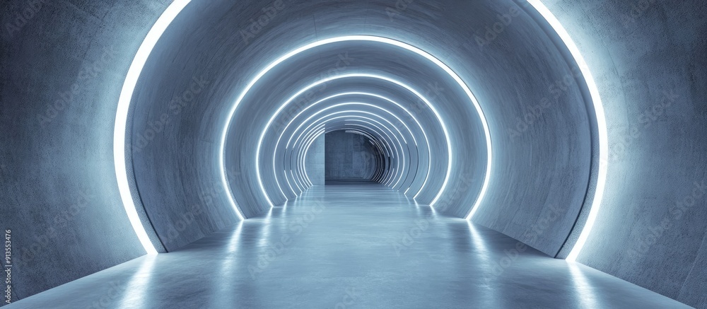Poster futuristic abstract interior space with sci fi corridor and illuminated features modern cement floor