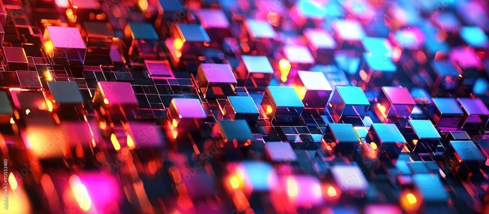 Poster vibrant digital mosaic background with multicolored led squares abstract pixel grid design in 3d ill