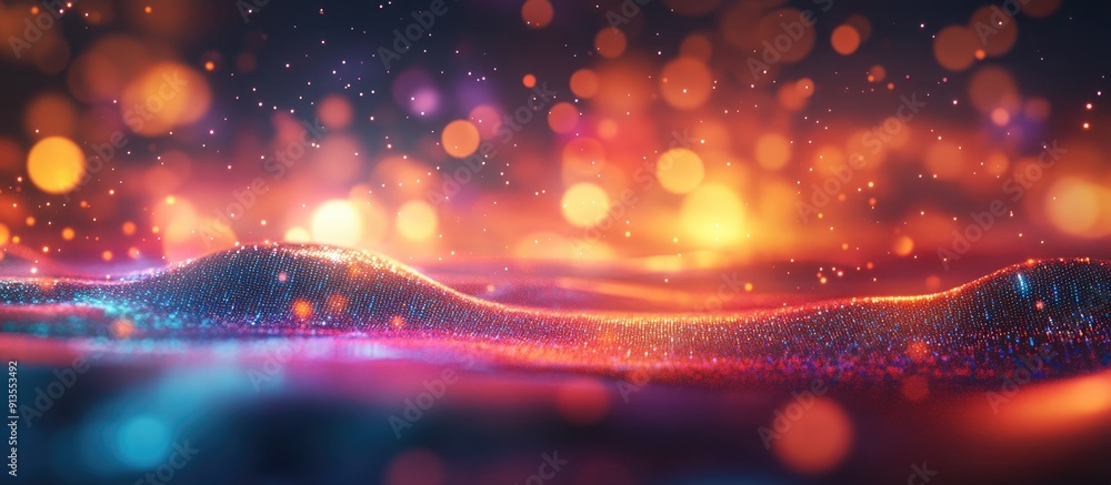 Poster futuristic abstract landscape featuring dynamic particles and glowing energy dots with a blurred eff