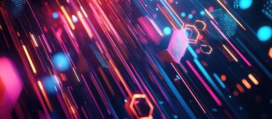 Dynamic geometric circles and hexagons in motion perfect for business presentations and corporate advertising Futuristic 3D background with colorful gradients particles and abstract stripes