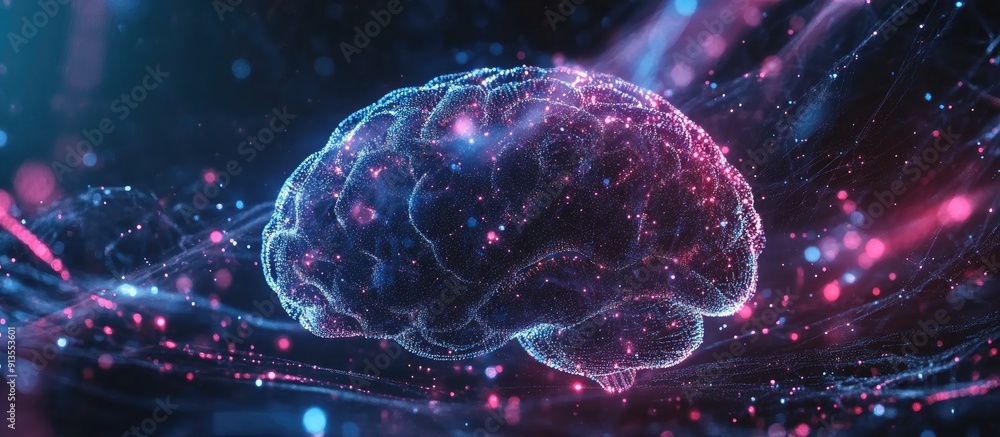 Poster holographic digital brain with ai and deep learning elements innovative business technology concept 