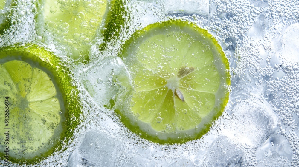 Poster lime wedges submerged in sparkling water with ice cubes.