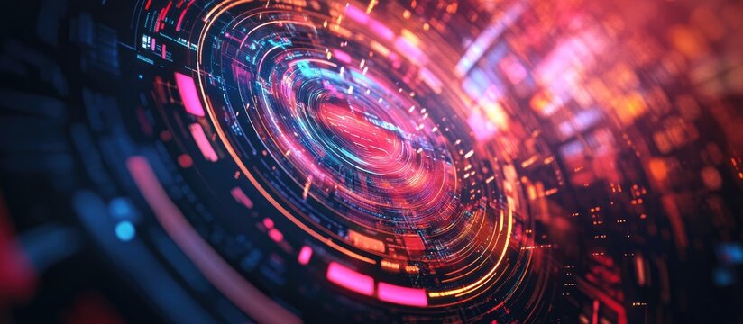 Retro inspired award show presentation with a loading circle and abstract background Futuristic interface design featuring swirling data flows and tech curves in a cyberspace environment