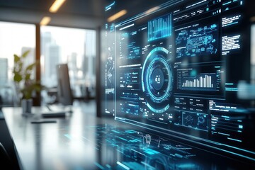 Obraz premium Futuristic workspace featuring advanced data analytics on a digital interface, showcasing technology and innovation.
