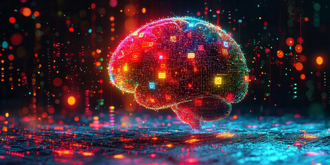 Abstract brain and binary code circuit on blue wallpaper. Chip, data, ai, and future concept